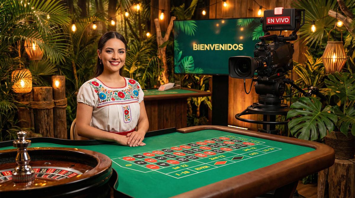 Crupier profesional en el casino en vivo de Bodog con decoración tropical